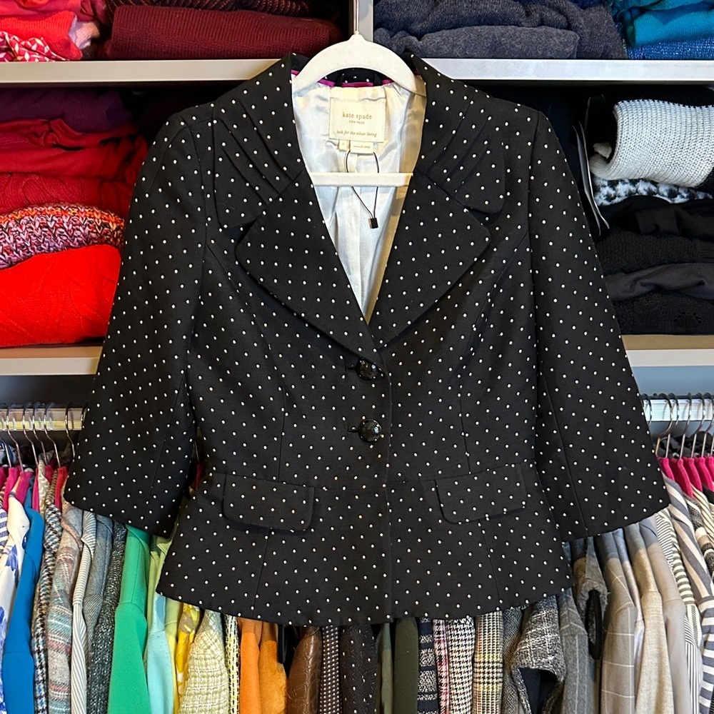 Kate Spade black/white polka dot silk blend 3/4 sleeve blazer size 2 NWOT